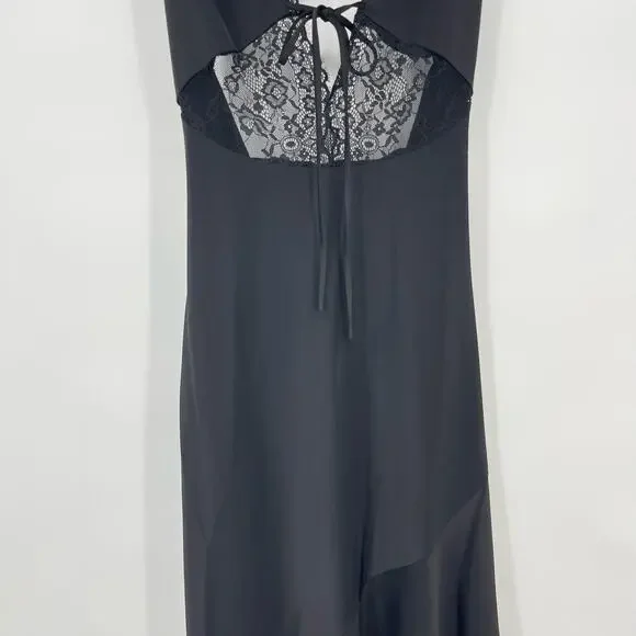 NBDBrigitta Midi Dress in Black Satin Lace Asymmetrical Slip S